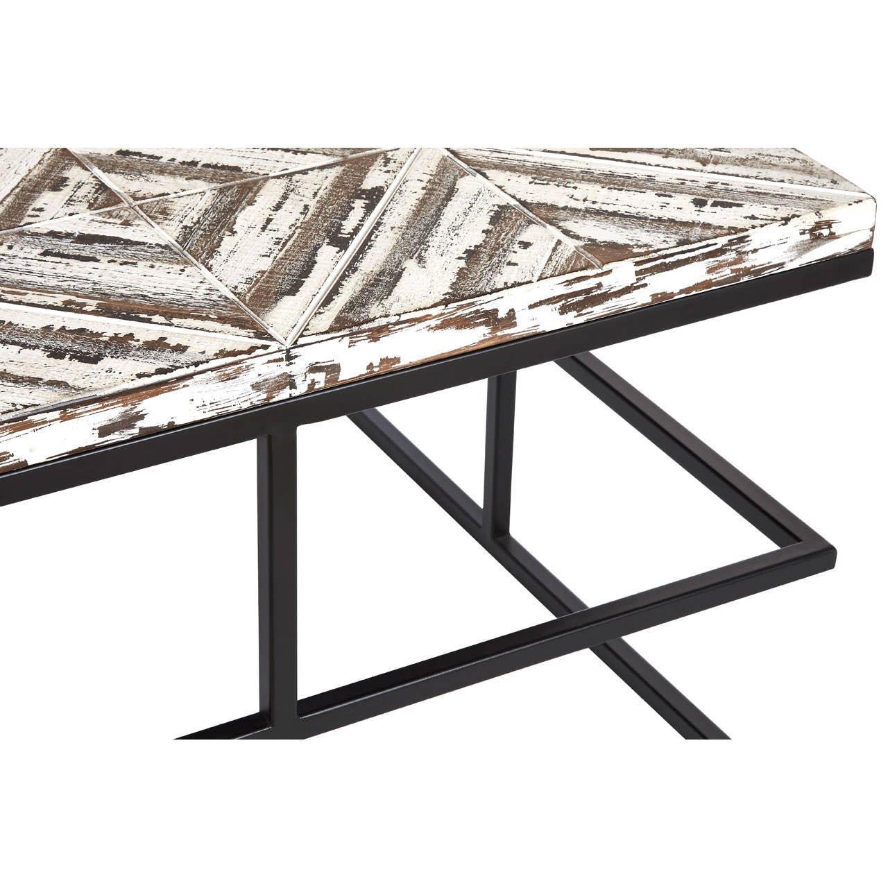 Rustic wood coffee table with distressed finish and black metal frame, corner angle view