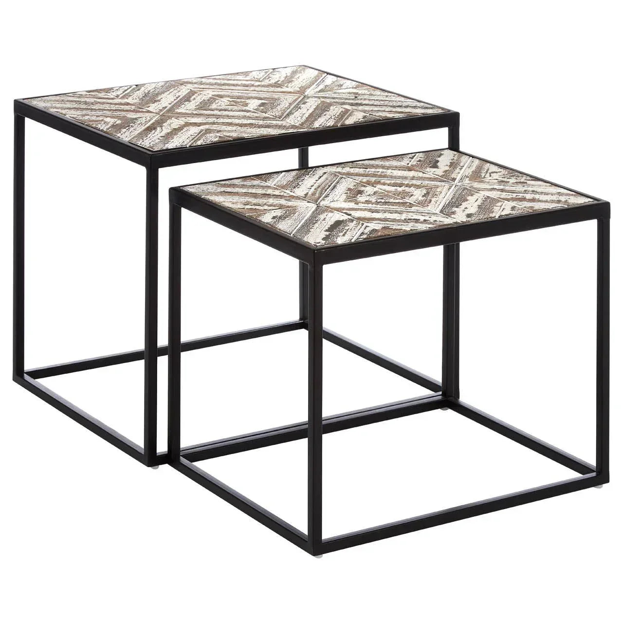 Set of two square nesting tables with black metal frames and patterned wood tops