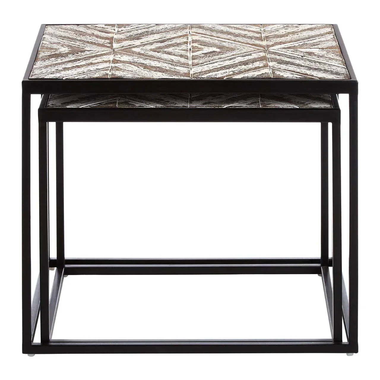 Square nesting tables with metal frame and geometric patterned wooden tops