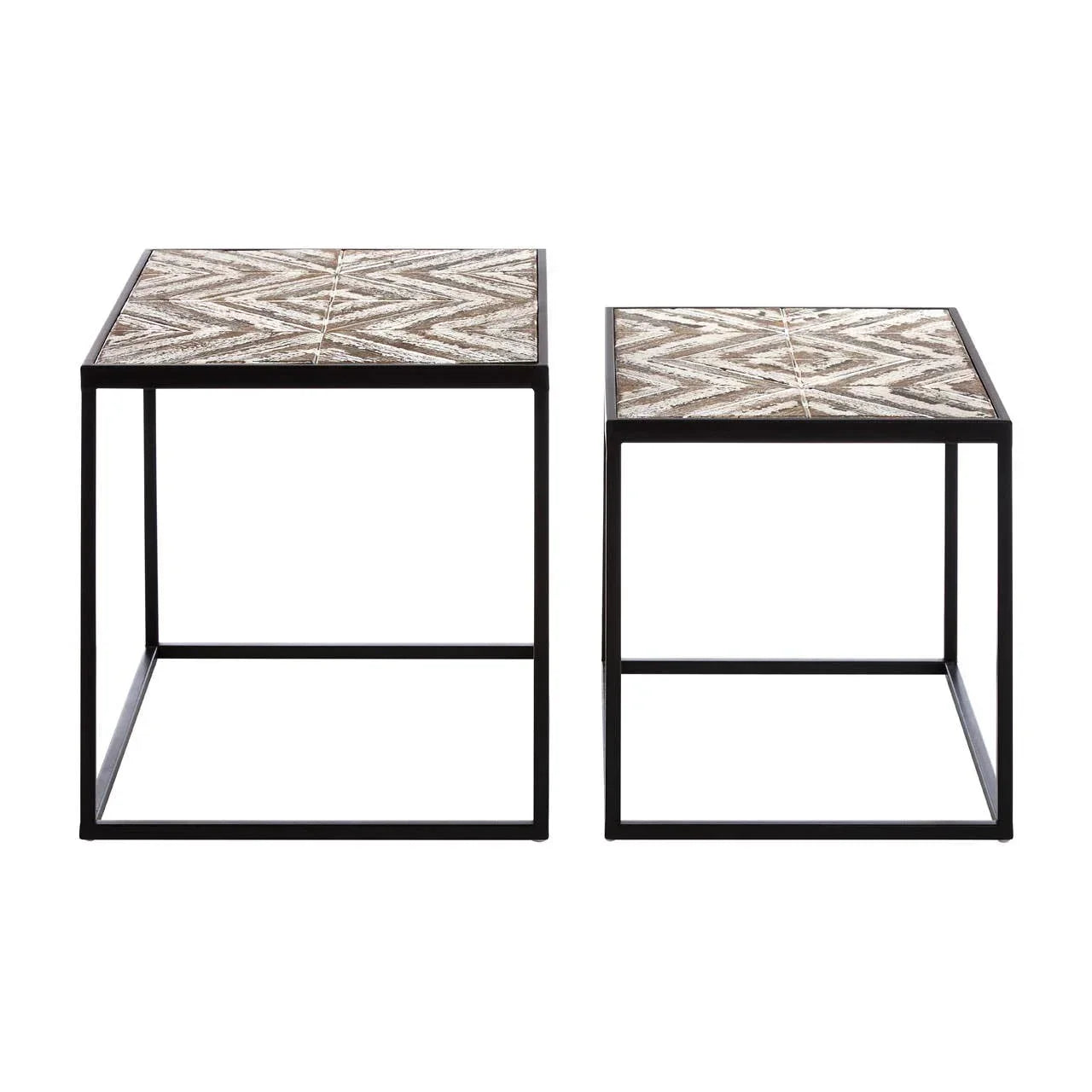 Set of two modern side tables with black metal frames and chevron wood tops