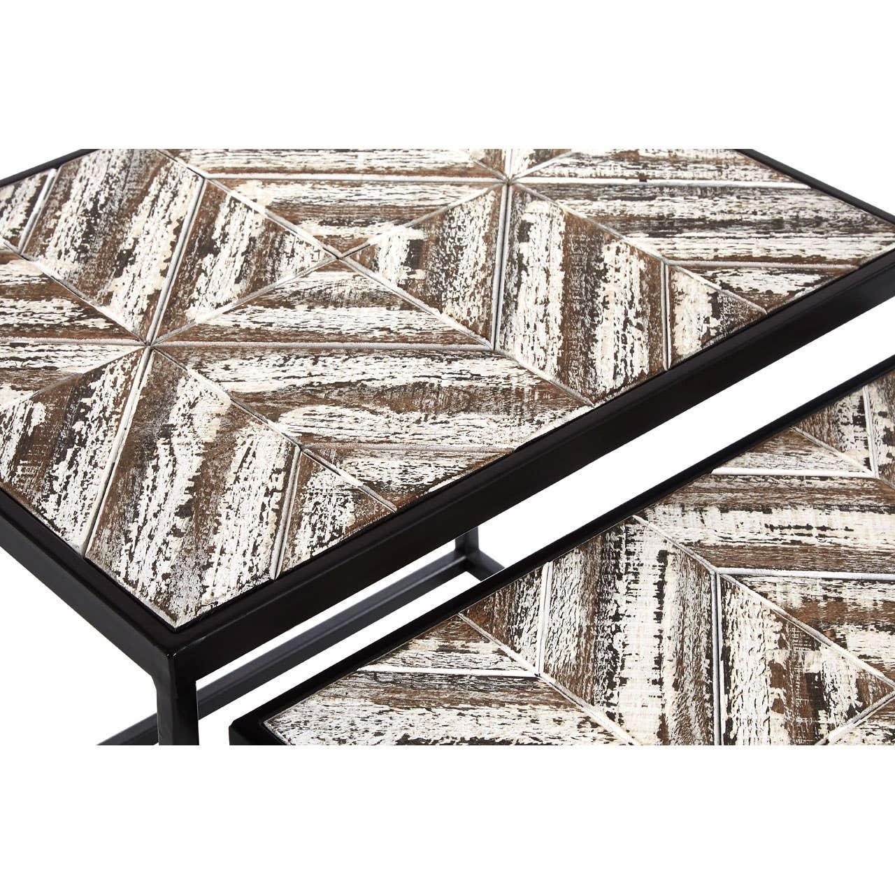 Geometric patterned wood nest of tables with black frame and rustic distressed finish