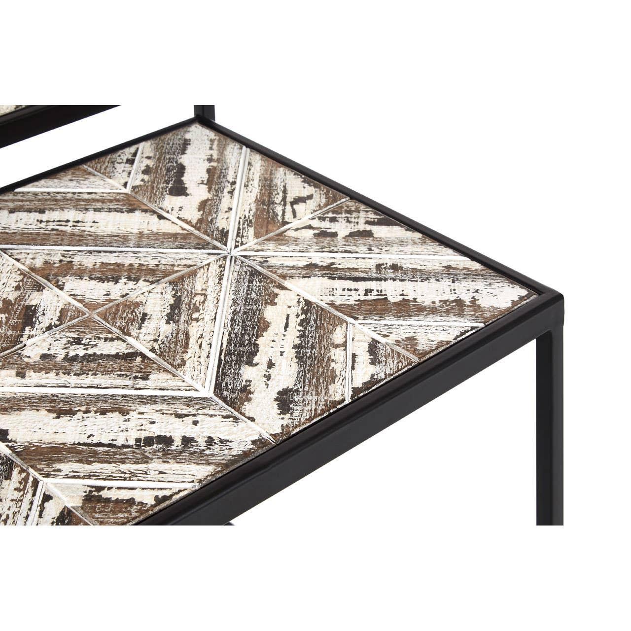 Geometric wood side table top with black metal frame, closeup of textured surface