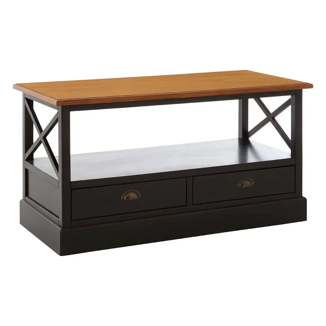 Wood coffee table with natural top, black frame, open shelf and two storage drawers
