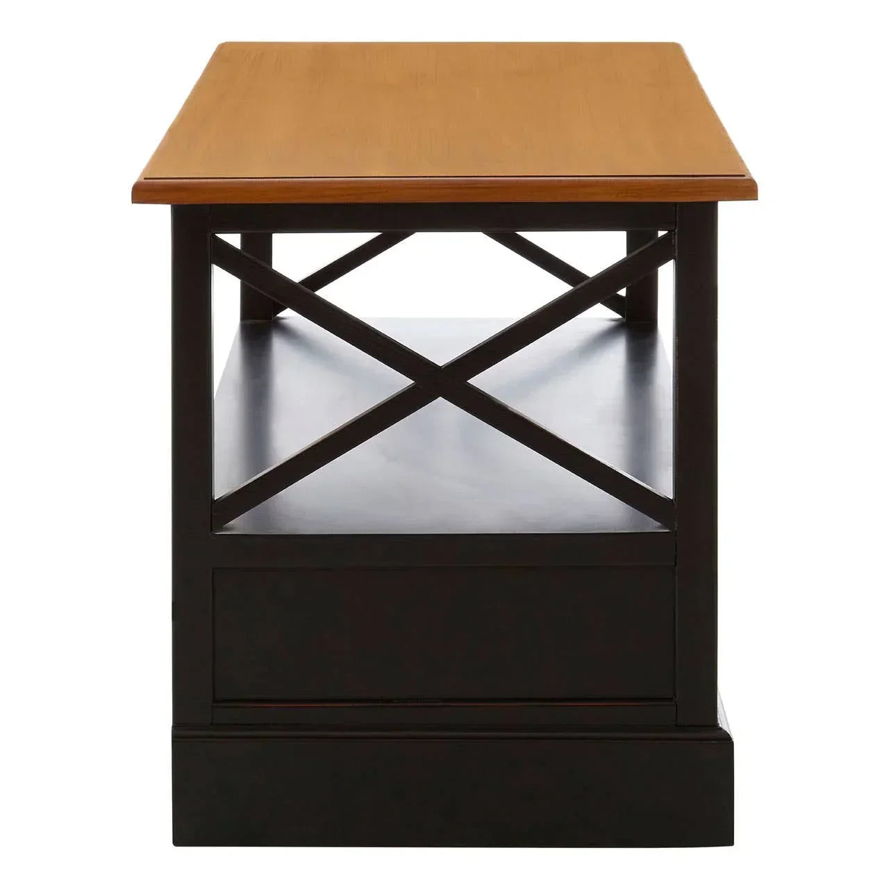 Wooden side table with black frame, cross design sides, and lower shelf, side angle view