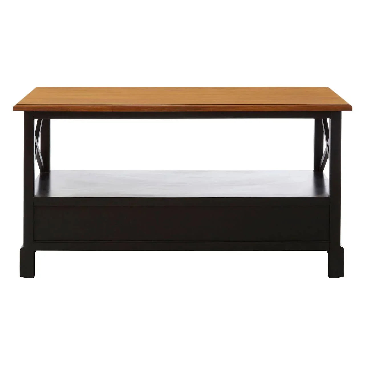 Rectangular wooden coffee table with black frame and lower storage shelf, front view
