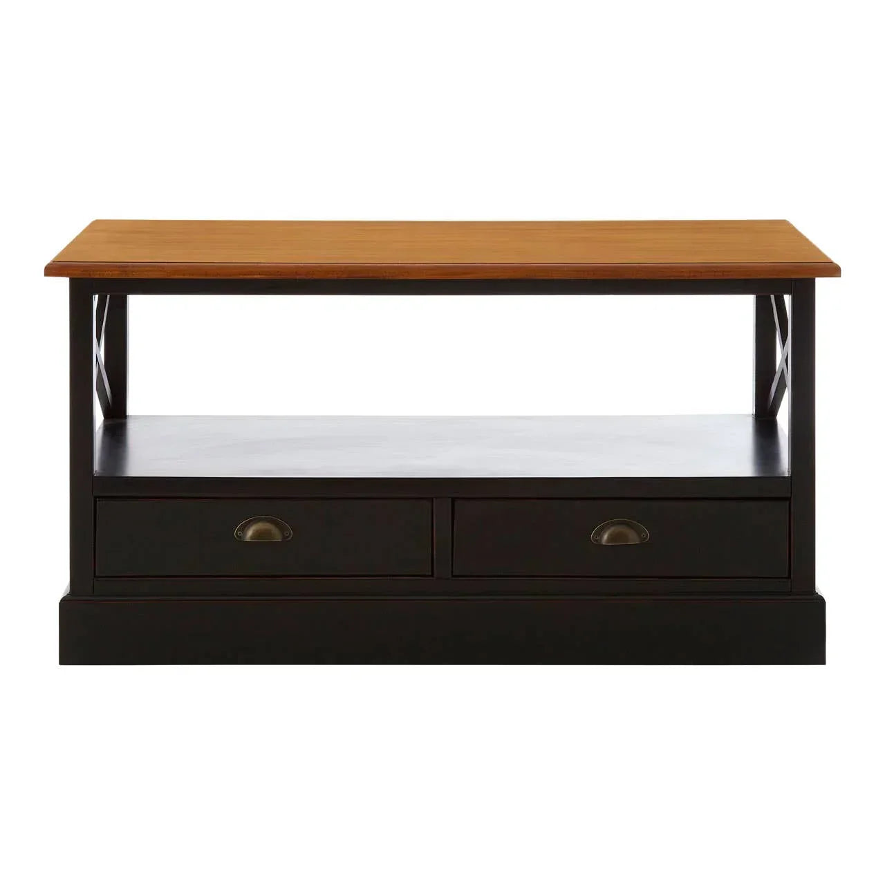 Wood coffee table with two drawers, lower shelf and black base, front view