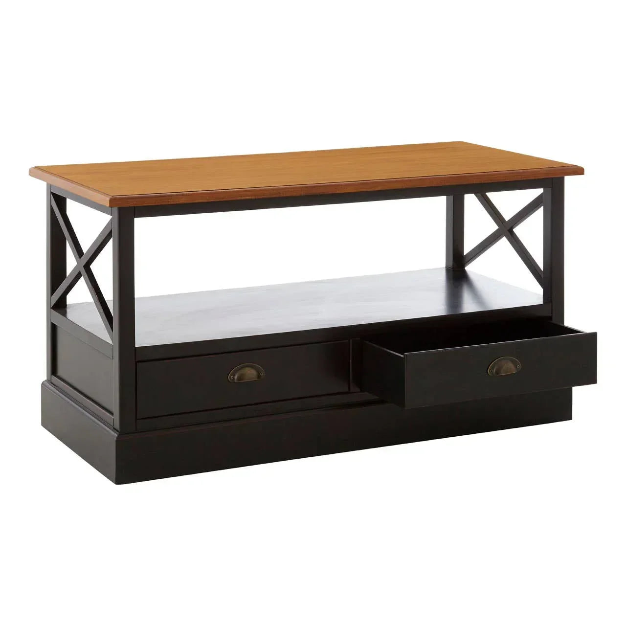 Wooden coffee table with open shelf, dark base, two drawers, and light oak top