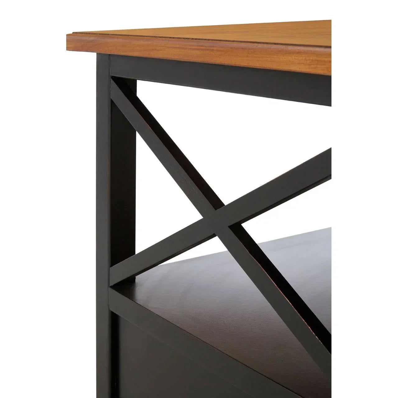 Black metal and wood console table corner with cross-brace detail