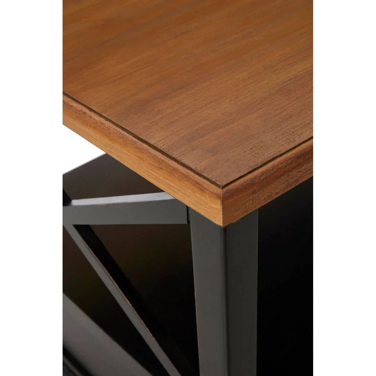 Close up of wooden tabletop with black metal frame corner, modern furniture detail