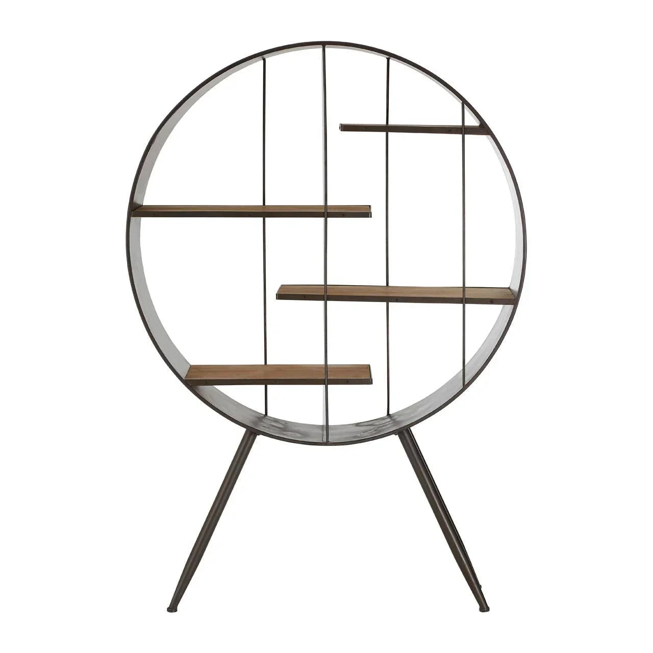 Round shelving unit with black metal frame and wooden shelves on tripod legs