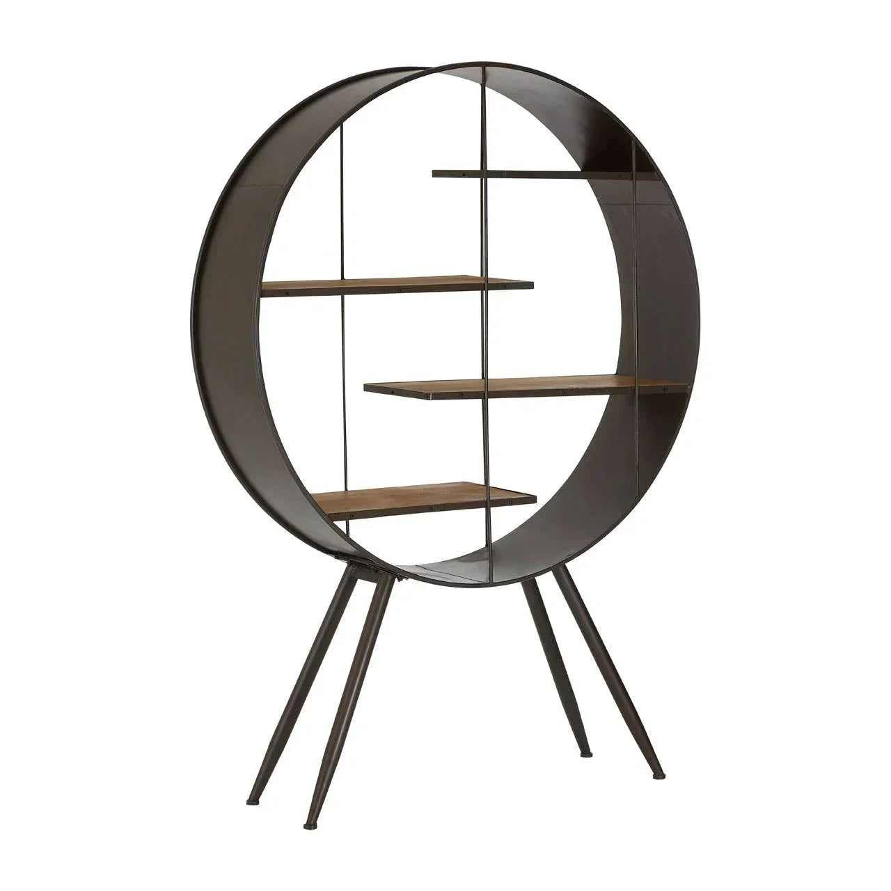 Round metal bookshelf with wood shelves and tripod legs on white background