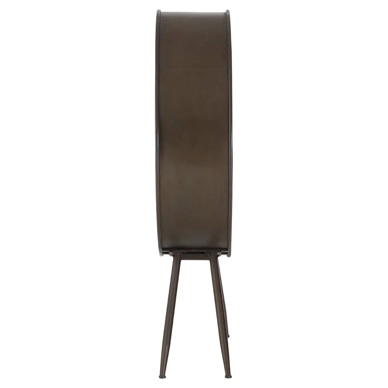 Side profile of brown metal wall clock on slim tripod legs
