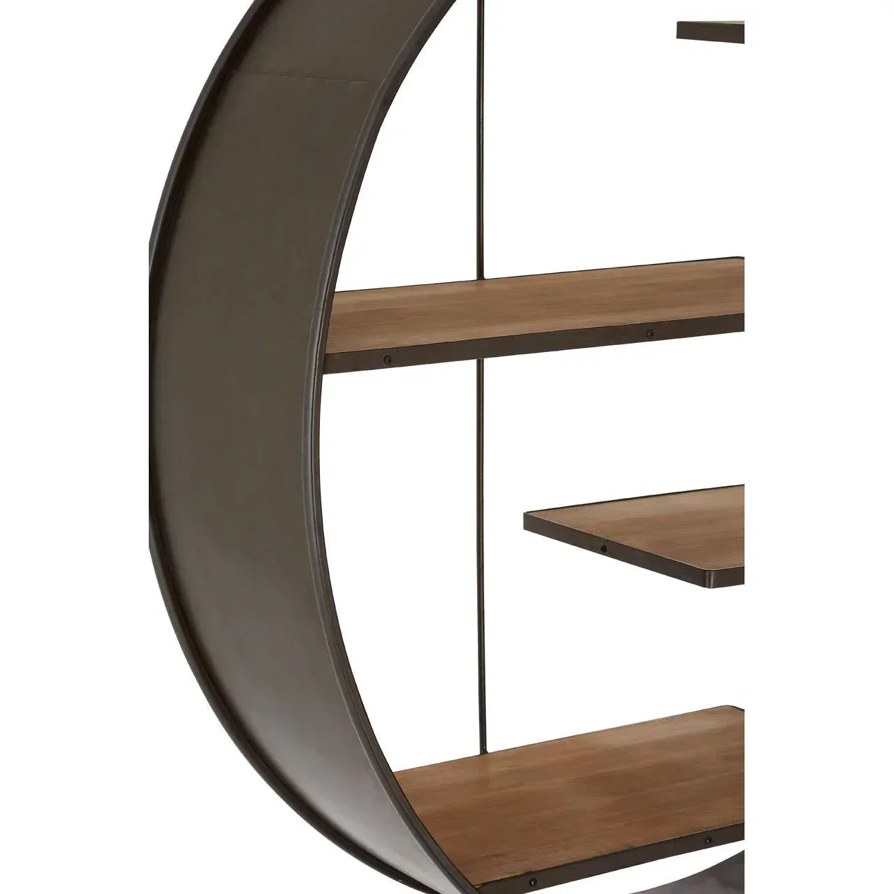 Round metal bookcase with wooden shelves close-up