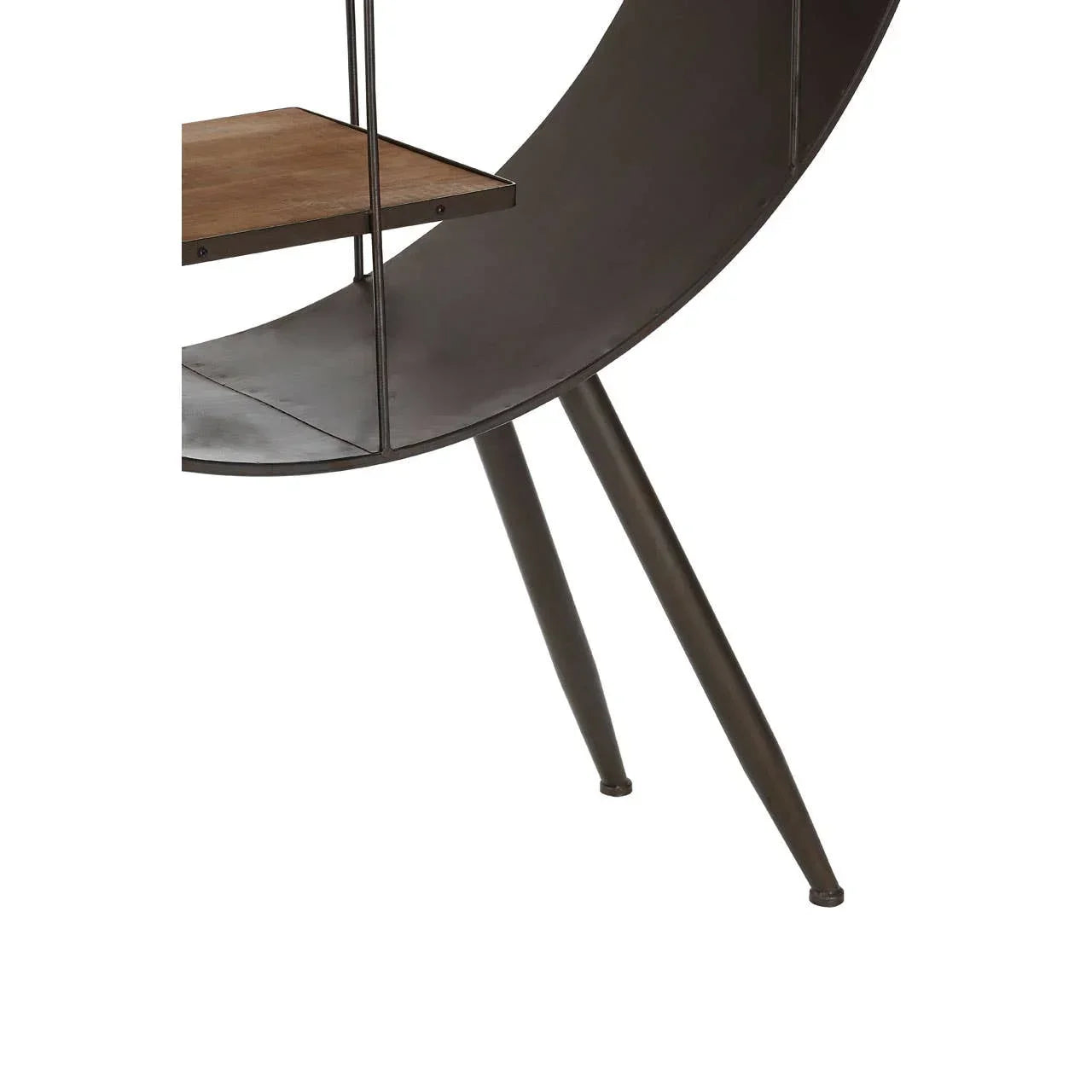 Closeup of industrial round shelving unit with black metal frame and wooden shelf