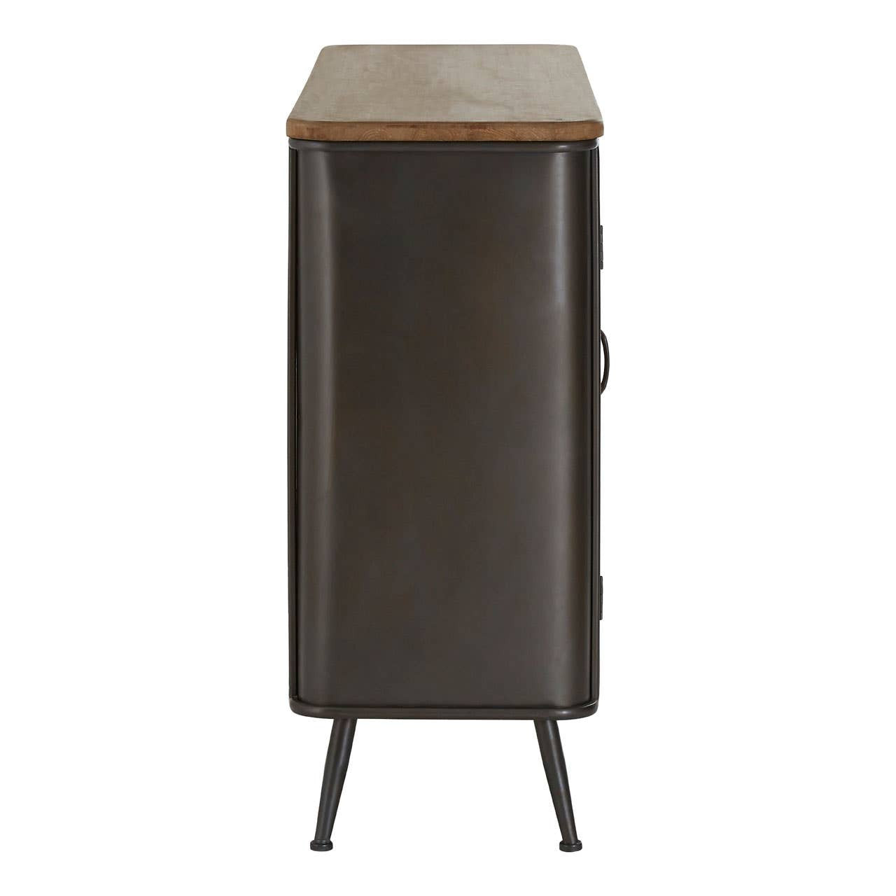 Tall wooden sideboard featuring a dark finish with a light wood top, four drawers for storage, and slender metal legs for support. The design is sleek and modern, suitable for various home decor styles