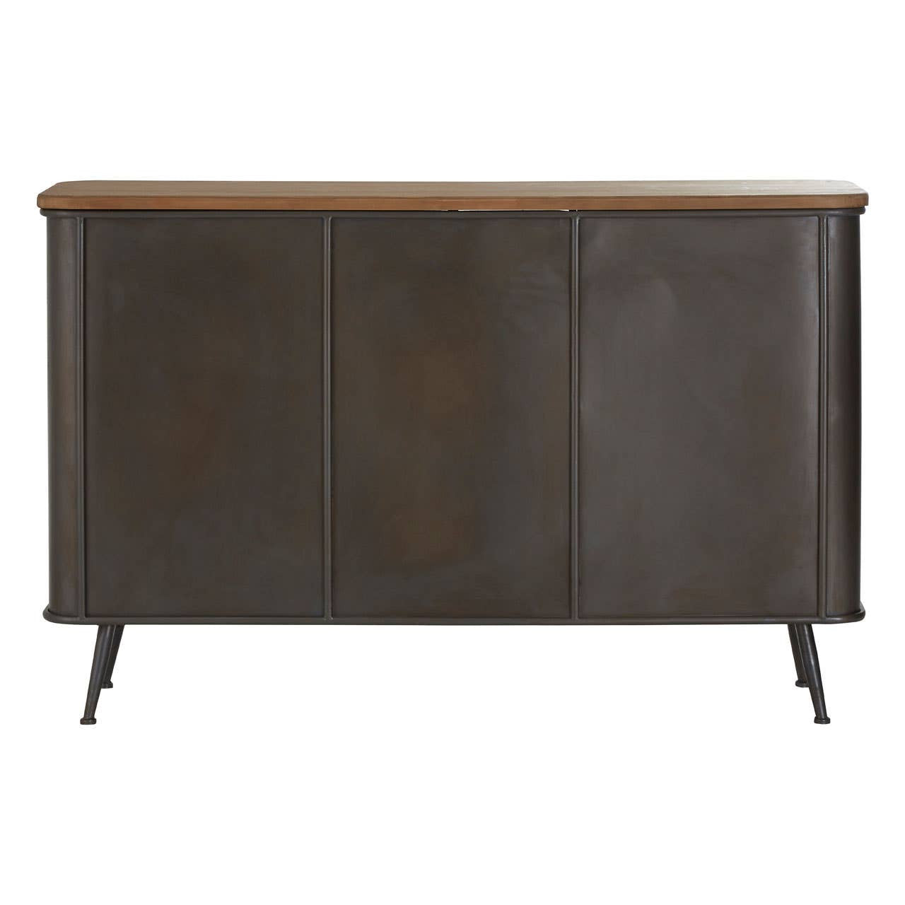 A wooden sideboard featuring a dark finish with a contrasting light wood top, designed with four drawers and two cabinet doors, supported by sleek, angled legs. The overall design is modern and minimalist, suitable for various home decor styles