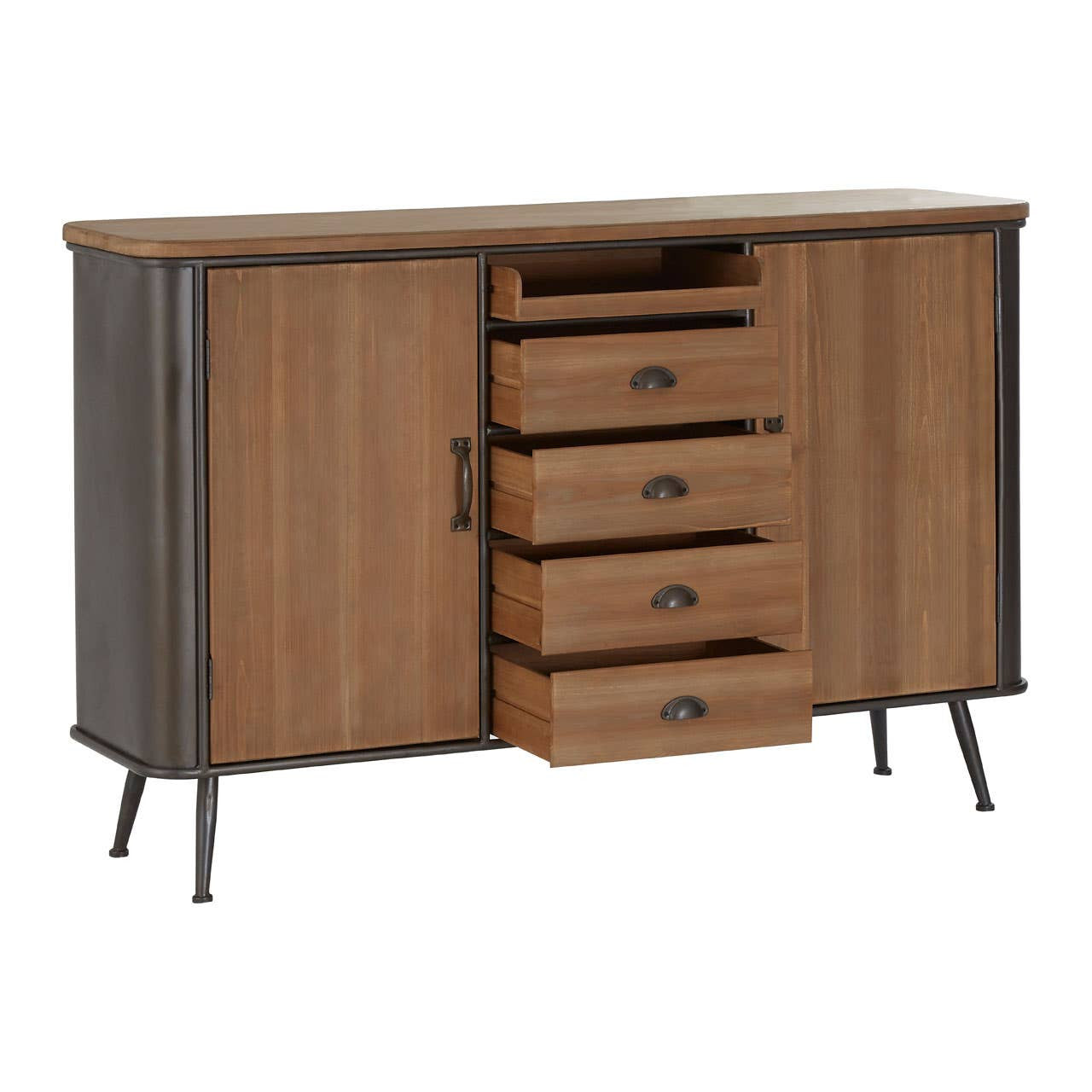 A wooden sideboard featuring a warm brown finish, four drawers with metal handles, and two cabinet doors on either side. The sideboard is supported by slender black metal legs, giving it a modern and stylish appearance