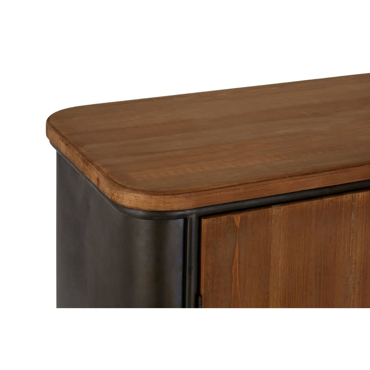 The top edge of a wooden sideboard featuring a smooth, rounded surface in a warm brown finish, with a contrasting darker base. The sideboard has four drawers, showcasing a blend of modern and rustic design elements