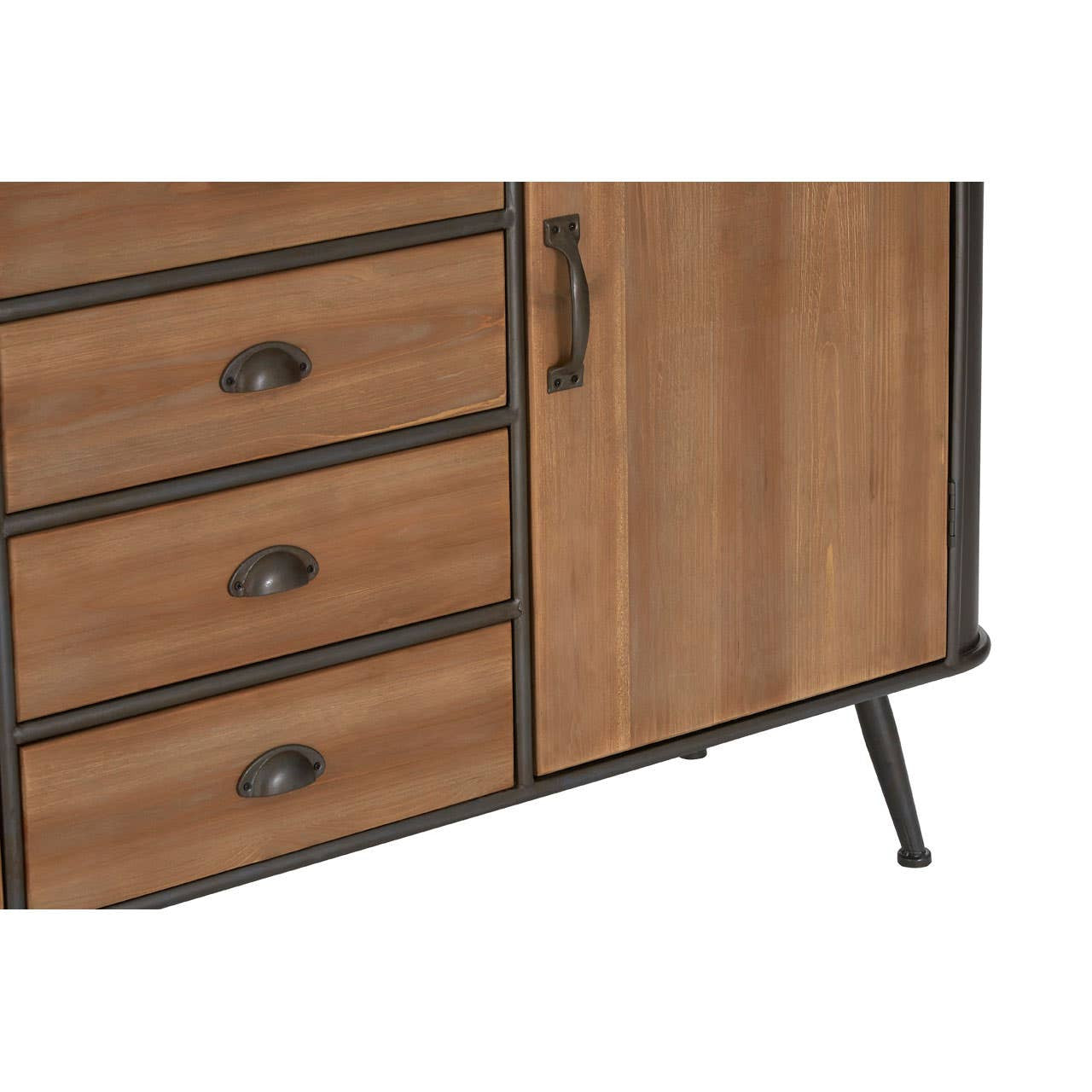 Four-drawer wooden sideboard featuring a warm wood finish, black metal handles, and a sleek design. The sideboard includes a cabinet door on the right, with a minimalist style and sturdy legs