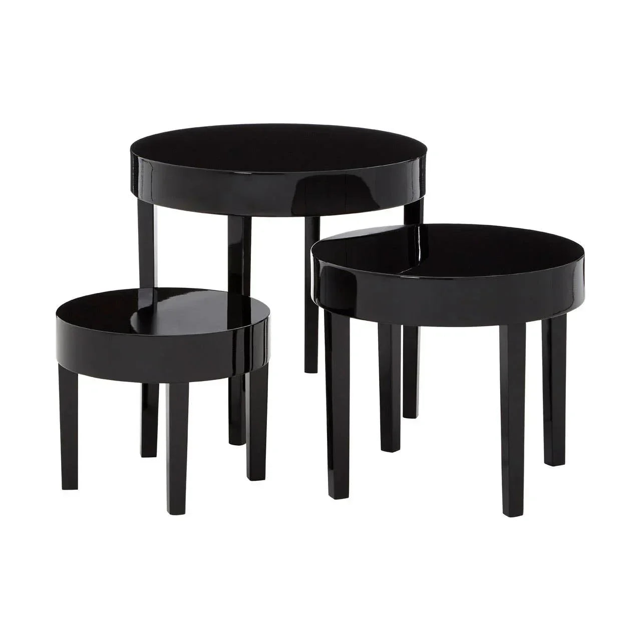 Set of three black round side tables with gloss finish and four legs each, varying heights