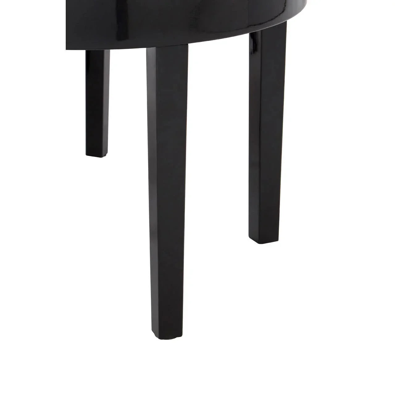 Glossy black wooden table legs close-up, modern dining table base detail
