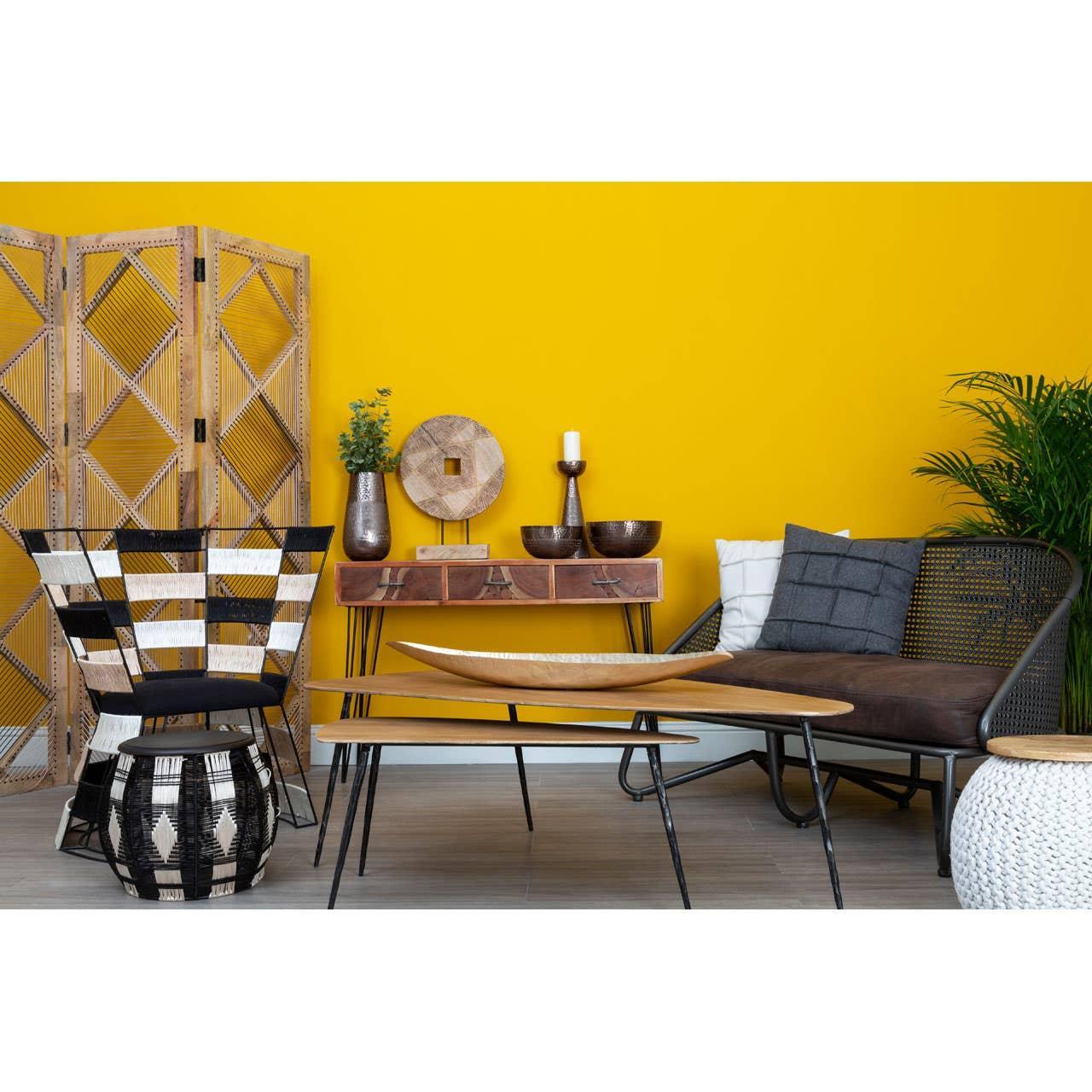 Modern living room with woven accent chair, metal frame sofa, coffee tables, and console table