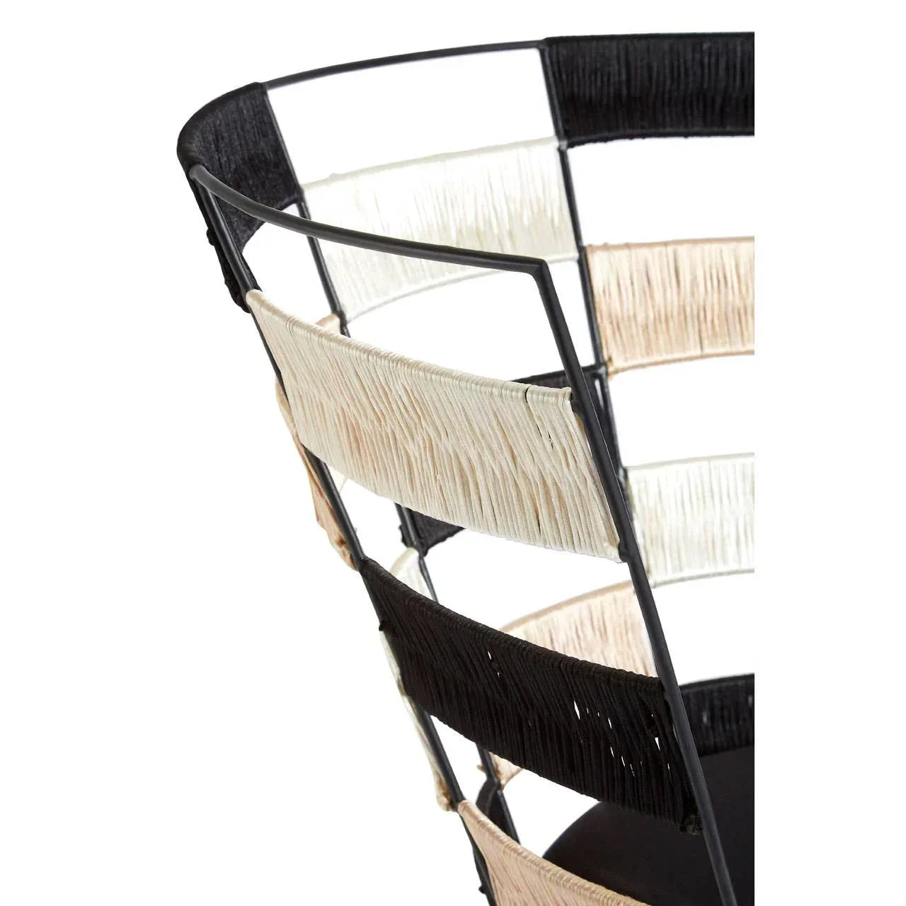 Metal wire basket with black, cream, and beige woven bands for modern storage