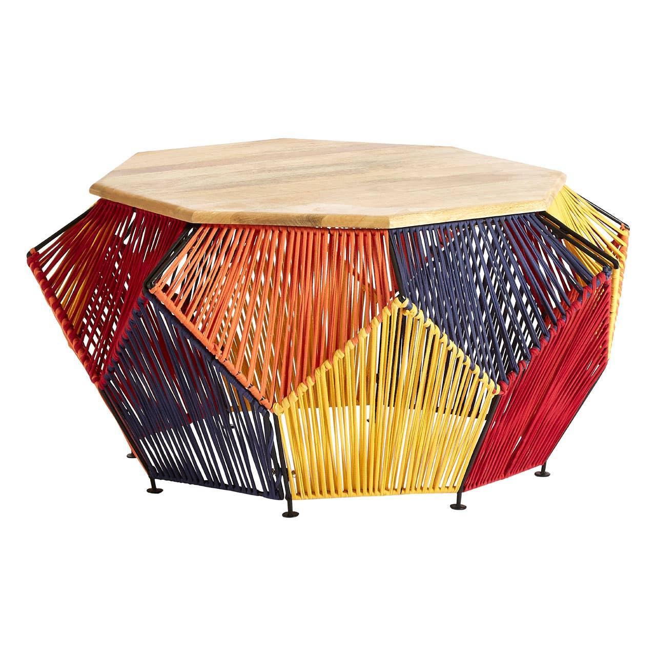 Geometric coffee table with wooden top and multicoloured woven base in red, yellow, blue