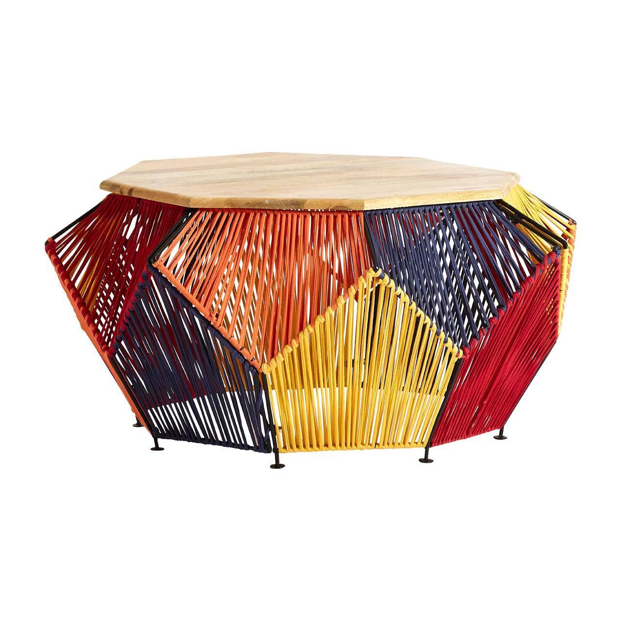 Geometric coffee table with multicolored string sides and wooden top