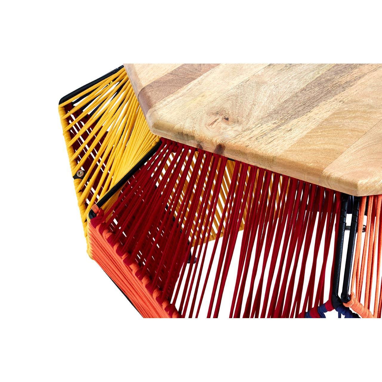 Hexagonal wooden side table with red and yellow cord accents and angled metal frame