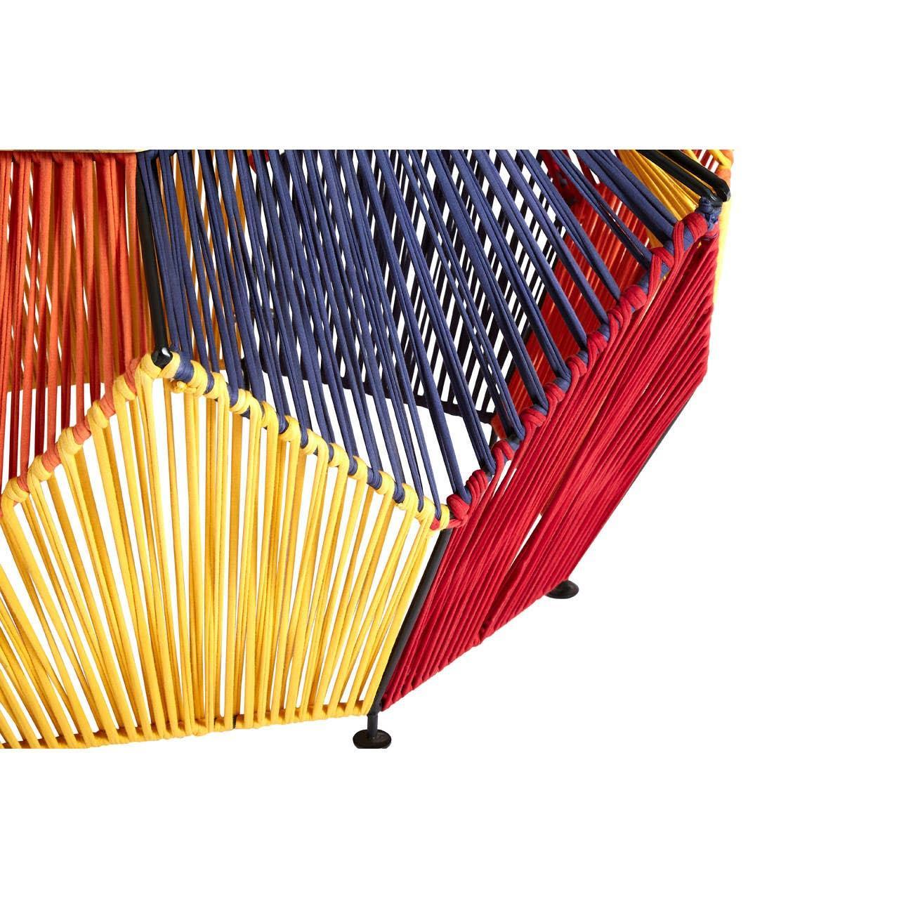 Closeup of multicoloured woven rope chair seat with yellow, blue, and red cords