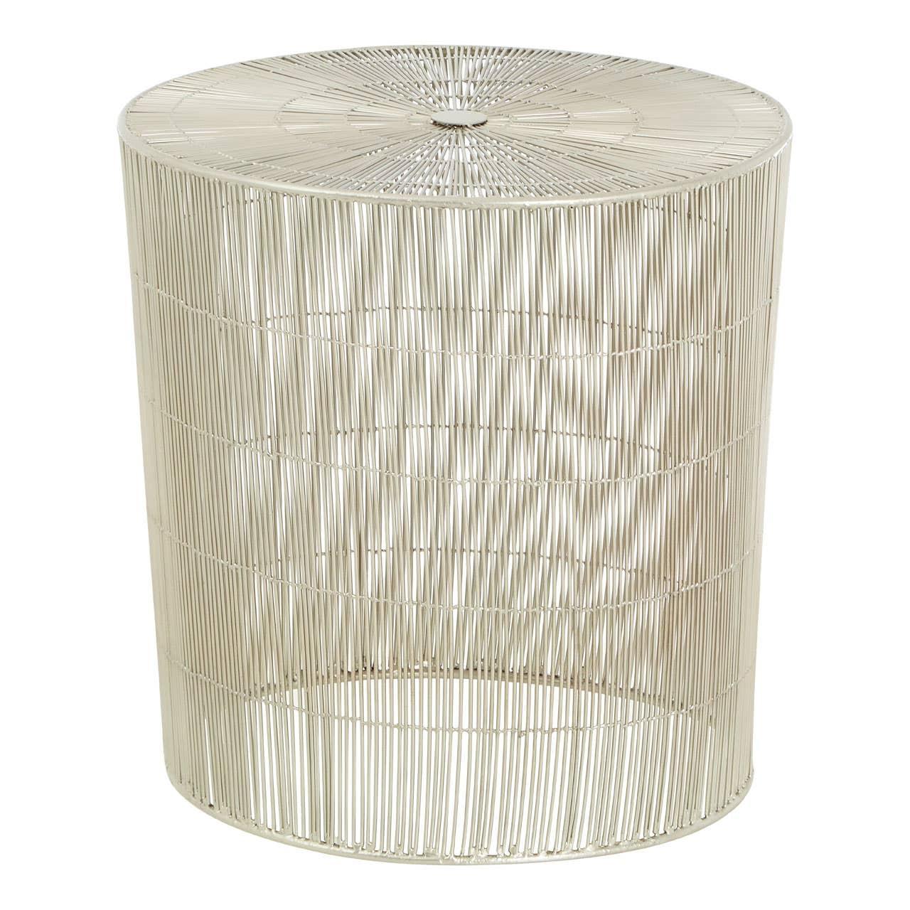 Round wire metal side table with open frame and flat top, silver finish
