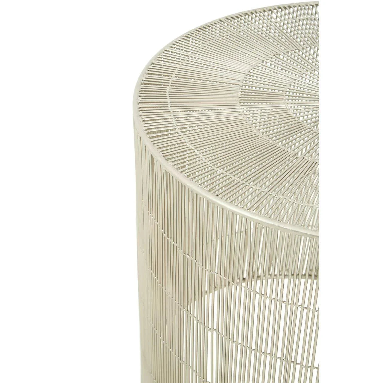 Round metal side table with vertical wire frame in cream finish, partial top view