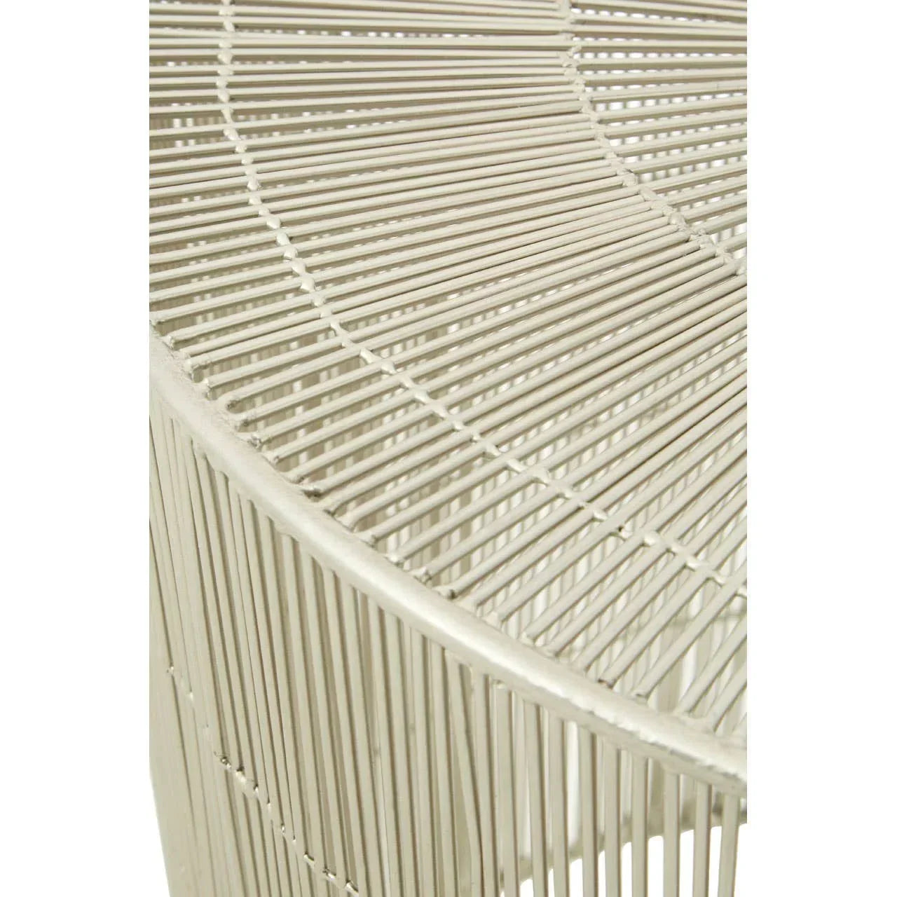 Close up of beige metal wire chair seat and backrest with curved design