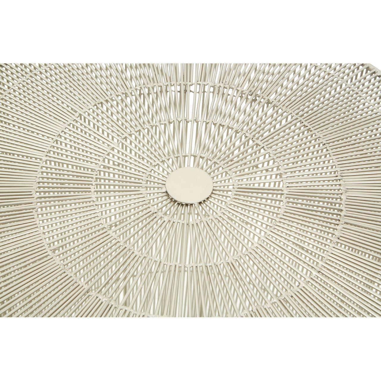 Close up of round rattan garden table top with woven beige detailing