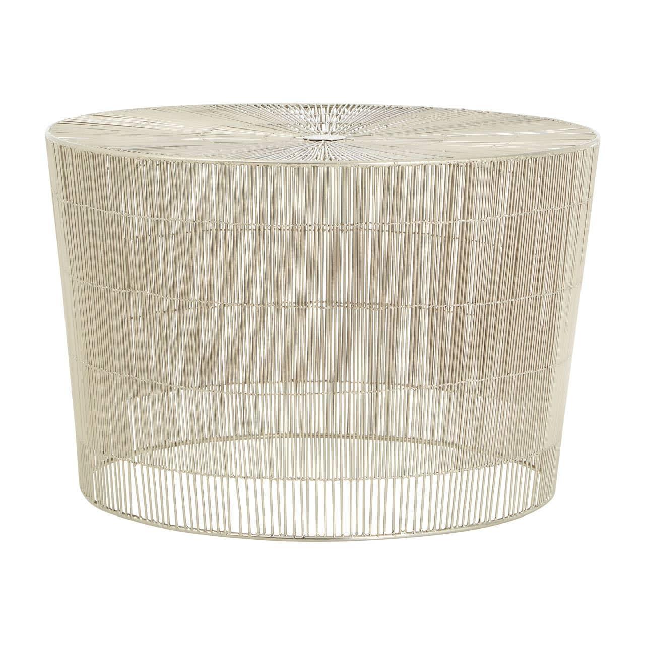 Round metal wire side table with open base and light brushed finish