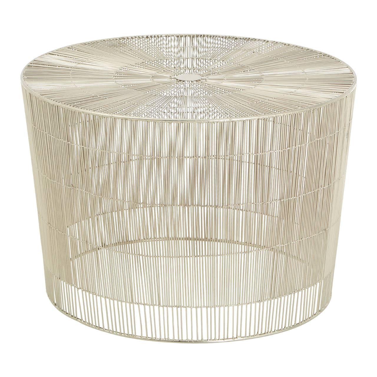 Round metal wire coffee table with open cylindrical design and light beige finish