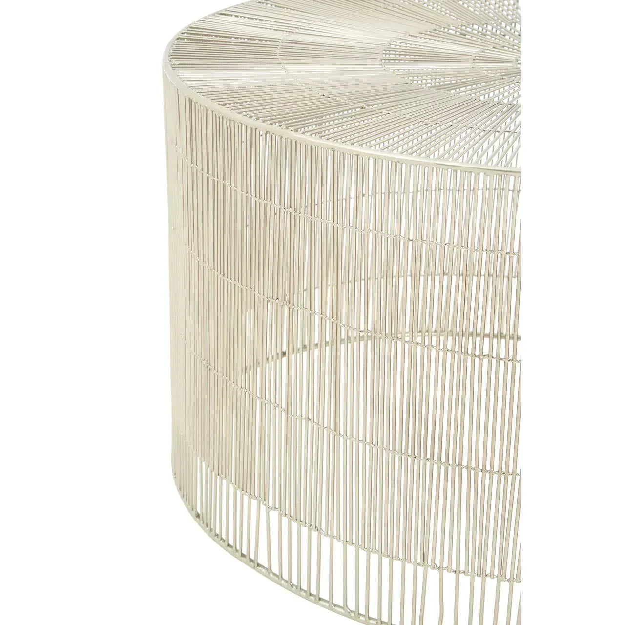 Round metal wire side table in cream color, modern open frame design, close-up angle