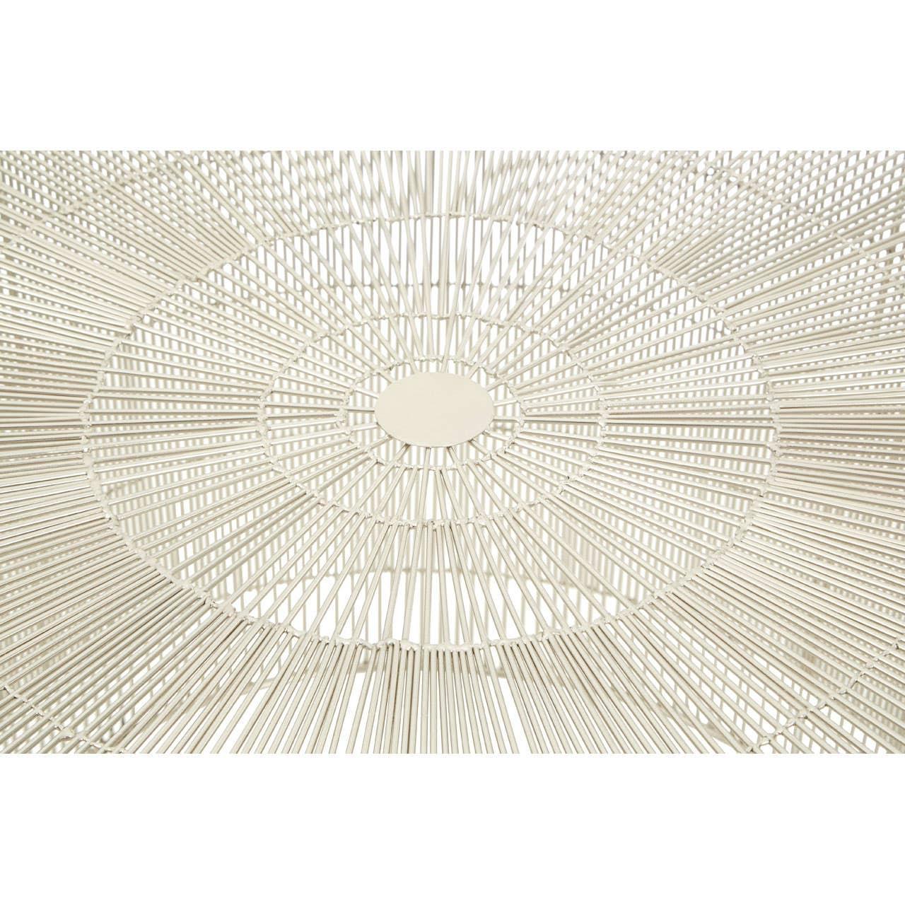 Round cream rattan table top with woven geometric pattern detail, close-up view