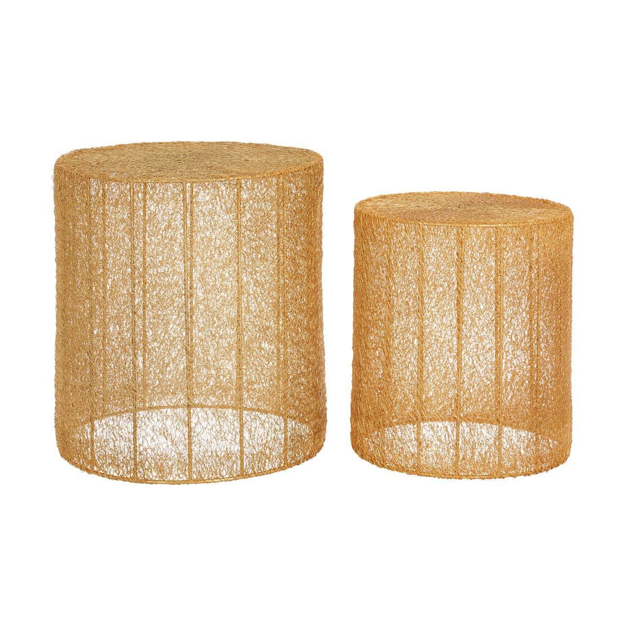 Set of two round wicker side tables with open weave design and natural finish