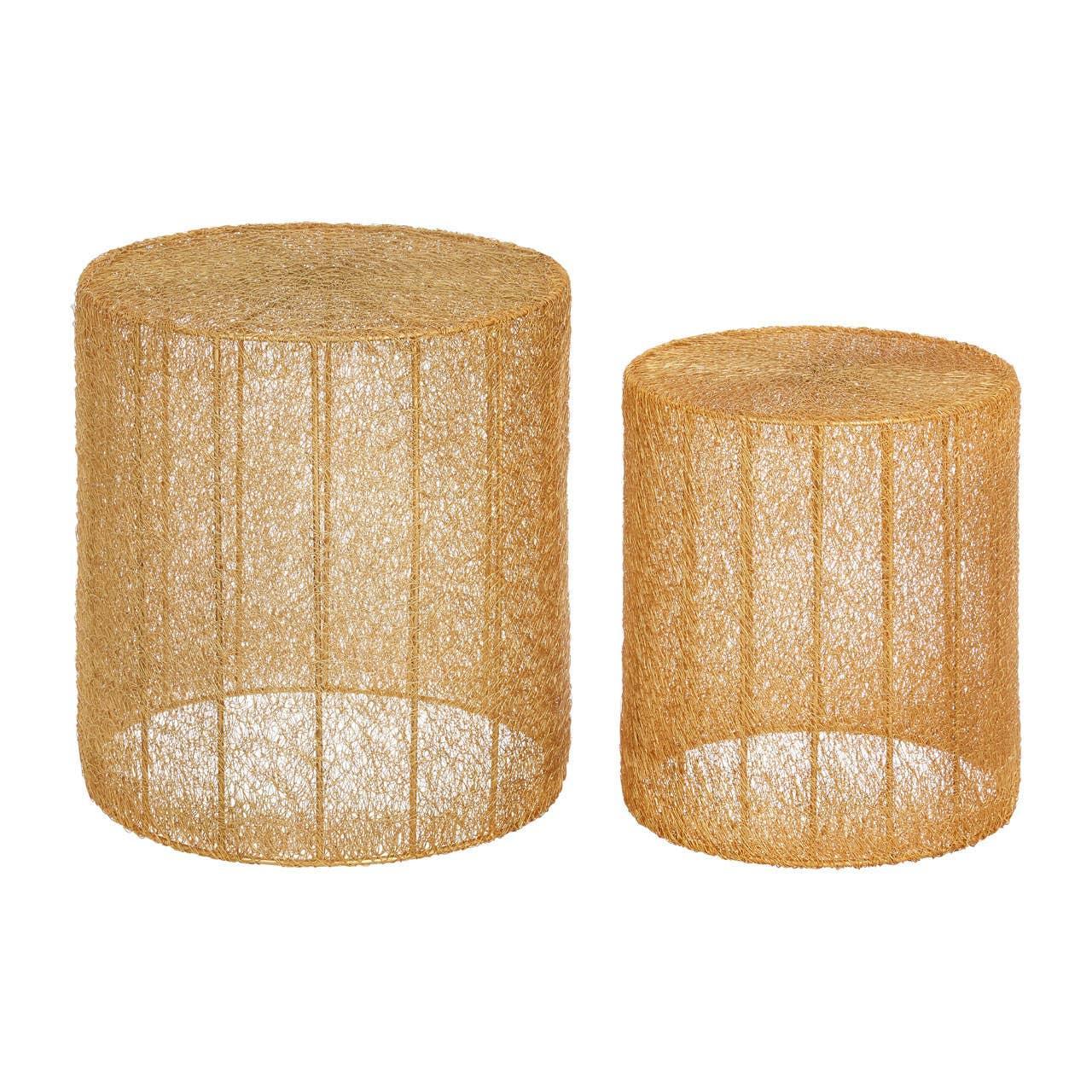 Set of two round wicker side tables in natural finish on white background