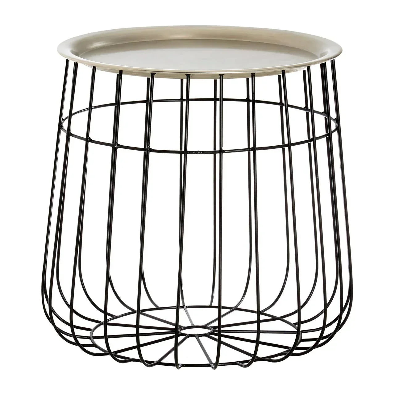 Round metal side table with black wire base and light tray-style top