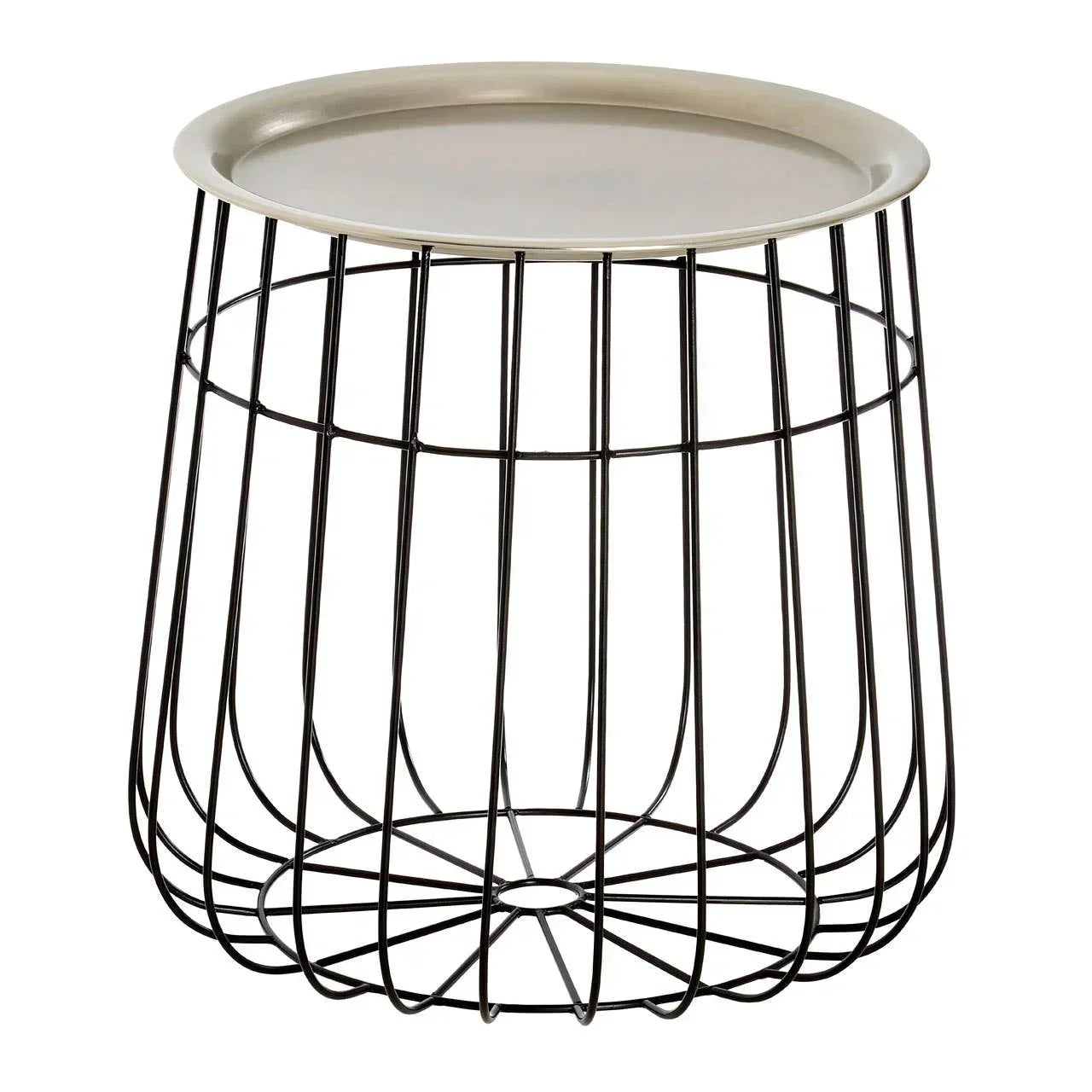 Round wire frame side table with removable tray top, black metal base and silver finish