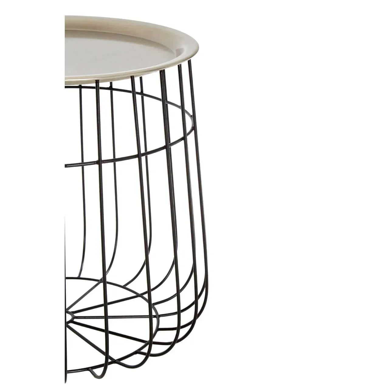 Round wire frame side table with light beige tray top, modern living room furniture