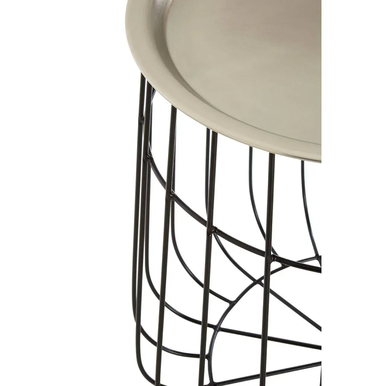 Metal side table with black wire frame and round silver top close-up