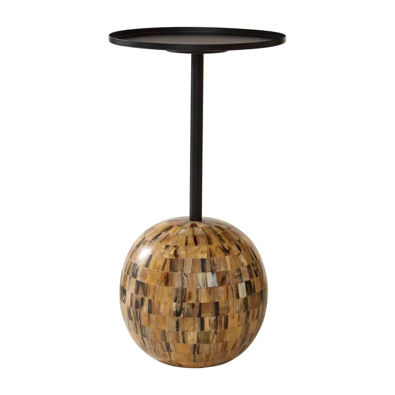 Round side table with black metal top and mosaic wood effect spherical base