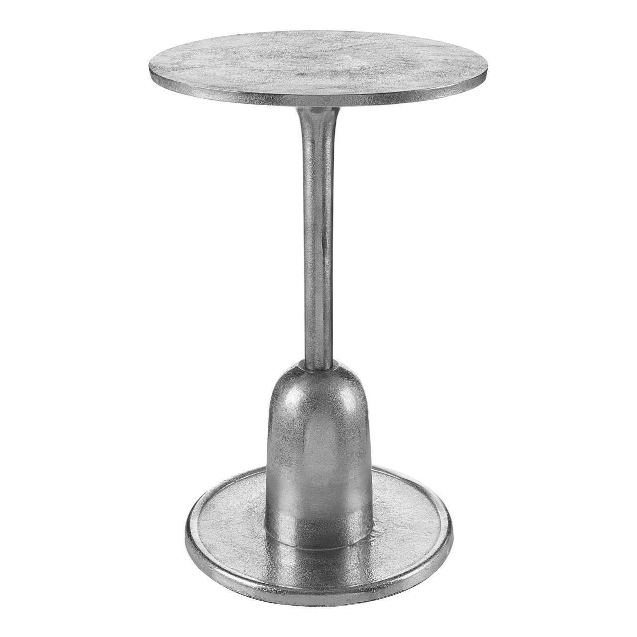 Round metal side table with silver finish and pedestal base