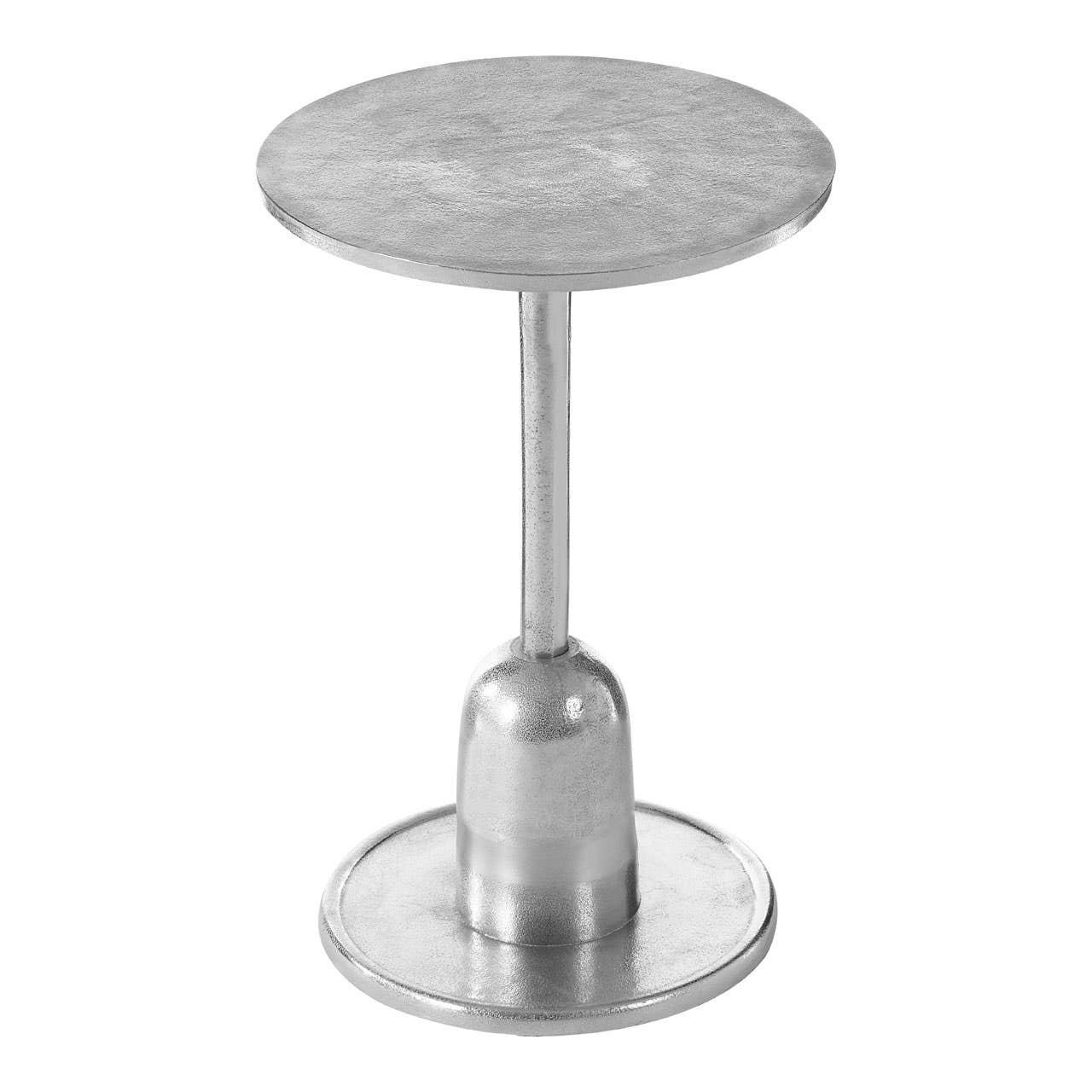 Round silver metal side table with pedestal base on white background