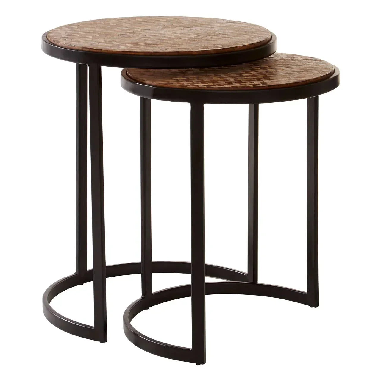 Round nested side tables with black metal frames and woven wood tops