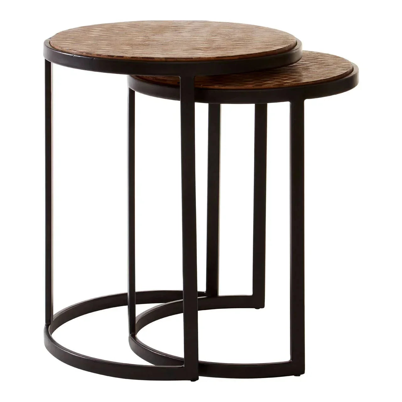 Round wooden nesting side tables with black metal frames, stacked set view